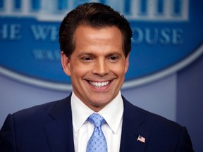 In this July, 21, 2017, file photo, New White House communications director Anthony Scaramucci speaks to members of the media in the Brady Press Briefing room of the White House in Washington. Short-lived White House communications director Scaramucci says if it were up to him, top adviser Steve Bannon would be gone from President Donald Trump's administration. "The Mooch," a few weeks removed from his spectacular flameout following an expletive-laden conversation with a reporter, appeared Monday, Aug. 14, on CBS' "Late Show" with Stephen Colbert. (AP Photo/Pablo Martinez Monsivais, File)