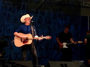 Whitecourt local Adam Szybunka (left) performs at the Big Valley Jamboree, which took place from Aug. 3 to Aug. 6 n Camrose. Szybunka made it to the finals of the festival's singing competition. Josh Ruzycki accompanies him in the background (Submitted photo | Rhonda Szybunka).