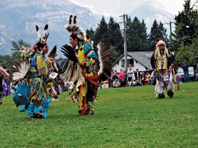 Dancers decorate the field at the Waterton Community Centre during the Blackfoot Arts and Heritage Festival powwow. | Stephanie Hagenaars photo / Pincher Creek Echo