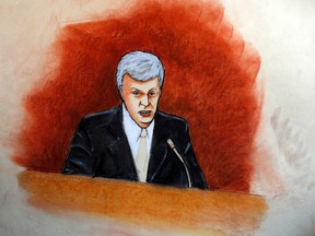In this Aug. 8, 2017, courtroom sketch, former radio host David Mueller appears in federal court in Denver. A jury on Monday, Aug. 14, was expected to weigh pop singer Taylor Swift's allegation that Mueller groped her during a meet-and-greet before a concert and whether the singer's mother and her radio liaison later set out to destroy his career. (Jeff Kandyba via AP, File)