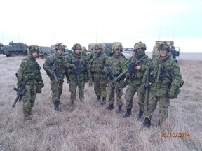 Capt. Craig Skelsey (third from the right) during a training exercise in 2014. The 27-year-old from Toronto is one of 100 soldiers from 1RCHA from CFB Shilo near Winnipeg who will be taking part in Exercise Silver Arrow, a NATO multi-national exercise in Latvia in mid-October. HANDOUT/Canadian Armed Forces