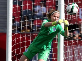 English goalkeeper Karen Bardsley makes a save against Norway during a FIFA Women's World Cup match at TD Place stadium in Ottawa on June 22, 2015.