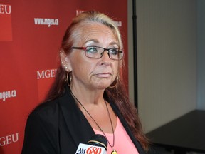 Michelle Gawronsky, president of Manitoba Government and General Employees’ Union (MGEU), told media in Winnipeg on Tuesday, Aug. 15, 2017 that documents shared by government include shifts for about 10% fewer staff than the 400 the union currently represents at Victoria General Hospital. Gawronsky believes health-care aides and communication clerks will be cut, though she said the provincial government and Winnipeg Regional Health Authority have yet to provide the exact number of lost jobs. JOYANNE PURSAGA/Winnipeg Sun/Postmedia Network