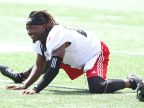 Kenny Shaw of the Ottawa Redblacks during practice at TD Place in Ottawa on Aug. 8, 2017. (Jean Levac/Postmedia)