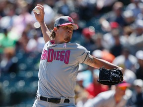 In this May 14, 2017, file photo, San Diego Padres starting pitcher Jered Weaver throws against the Chicago White Sox during the first inning of an interleague baseball game in Chicago. (AP Photo/Nam Y. Huh, File)