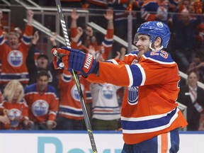 Edmonton Oilers' Leon Draisaitl (29) celebrates a goal against the Anaheim Ducks during the second period in game six of a second-round NHL hockey Stanley Cup playoff series in Edmonton on May 7, 2017. The Edmonton Oilers have signed centre Leon Draisaitl to an eight-year contract extension with an average annual value of US$8.5 million.