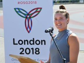 Canadian Olympic pole vaulter Alysha Newman of London speaks during a press conference at Western University's TD Waterhouse stadium to kick off the one year countdown to the beginning of the London 2018 Ontario Summer games. (MORRIS LAMONT, The London Free Press)