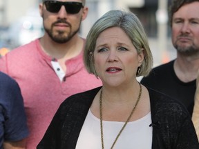 Ontario NDP Leader Andrea Horwath speaks in front of Kingston General Hospital on Wednesday. (Steph Crosier/The Whig-Standard)