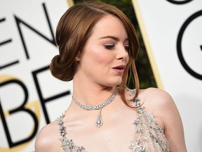 Emma Stone arrives at the 74th annual Golden Globe Awards, Jan. 8, 2017, at the Beverly Hilton Hotel in Beverly Hills, Calif.  (VALERIE MACON/AFP/Getty Images)