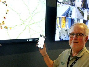 Dave Colvin, Perth County's emergency management co-ordinator, shows off the new interactive map-based system that will soon notify first responders and other users of local road closures and other delays. Perth County is the first southwestern Ontario municipality to adopt the innovative approach.