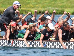 Quinte Heat coach Konrad Doerrbecker (at rear) steers the course for the club's Senior B mixed class over-50 crew in a 2000m race at the 2017 Canadian dragon boat championships held recently in Welland. (Jeff Holubeshen photo)
