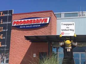 Buzz, the mascot for the Sarnia Sting, in front of the Progressive Auto Sales Arena where the annual Black & White hockey game and tailgate party will take place Aug. 30. (Sarnia Sting photo)
