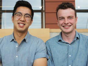 Mero Technologies co-founders Nathan Mah (left) and Cole MacDonald in Goodes Hall at Queen's University. The 23 and 20-year-olds will be heading to the Canadian National Exhibition (CNE) to compete in the Emerging Innovators Pitch Competition on Aug 19-20. Steph Crosier/Kingston Whig-Standard/Postmedia Network
