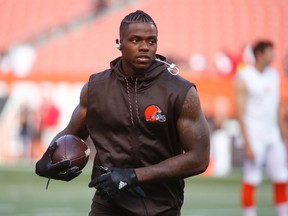 In this Aug. 18, 2016, file photo, Cleveland Browns wide receiver Josh Gordon runs the ball during practice before an NFL preseason football game against the Atlanta Falcons, in Cleveland. (AP Photo/Ron Schwane)
