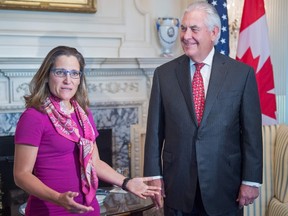 Minister of Foreign Affairs Chrystia Freeland (left) shares her feelings on the recent Charolettsville violence with U.S. Secretary of State Rex Tillerson on August 16, 2017, during a private meeting at the U.S. Department of State in Washington, D.C. (PAUL J. RICHARDS/AFP/Getty Images)