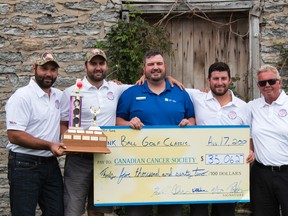 Taylor Bertelink/The Intelligencer
Justin Boisvert, Jamie Chisholm, Brad Warner, Tyler Earl and Wayne Warner, committee members for the Pink Ball Golf Classic hold a check worth just over $35,000 for the Canadian Cancer Society on Thursday afternoon.