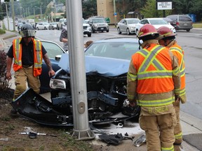 This car received the worst of a two vehicle collision in South London Thursday night. (CHARLIE PINKERTON/THE LONDON FREE PRESS/POSTMEDIA NETWORK)