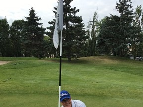 Winnipeg Sun sports reporter Ken Wiebe celebrates after sinking his first of two holes-in-one in the same round of golf on the third hole at Glendale Golf and Country Club in Winnipeg on Wednesday, Aug. 16, 2017. The odds of draining one hole-in-one is set at 12,500 to 1, according to the National Hole In One Association. Sinking two in the same round? The figure jumps to 1 in 156 million. SUBMITTED