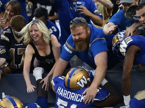 Blue Bomber fans grab players as they jump into the north end zone stands following a touchdown during last night’s win. Kevin King/Postmedia Network