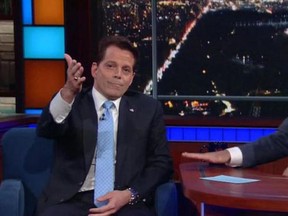 Stephen Colbert managed to nab Anthony Scaramucci for his first late-night appearance since being fired. (Screengrab)