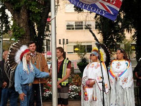 Edmonton Mayor Don Iveson and First Nations Chiefs raised the Treaty No. 6 flag outside City Hall on Friday August 18, 2017(PHOTO BY LARRY WONG/POSTMEDIA)
