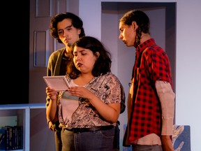 From left, Aren Okemaysim, Joelle Peters and Taran Kootenhayoo in a scene from Only Drunks and Children Tell the Truth, a Thousand Islands Playhouse production. (Stephen Wild)