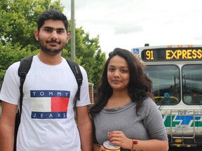 Mitesh Kumar Chaudhry and Damini Singh are Fanshawe College students who live near Masonville Place. Currently, it takes them two buses and an hour-long commute to get to school. The new LTC service changes in the fall will cut that down to one bus and a 30 minute commute. (SHALU MEHTA, The London Free Press)