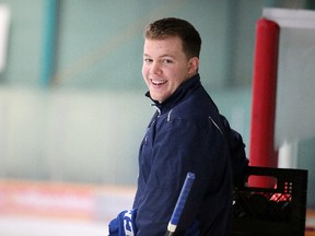 Reagan O'Grady of the Sudbury Wolves helps out at the club's  summer hockey camp in Sudbury, Ont. on Tuesday August 15, 2017. Gino Donato/Sudbury Star/Postmedia Network