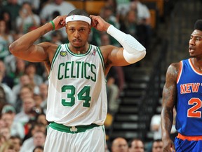 Paul Pierce #34 of the Boston Celtics looks on in Game Six of the Eastern Conference Quarterfinals against the New York Knicks during the NBA Playoffs on May 3, 2013 at the TD Garden in Boston, Massachusetts. (Brian Babineau/NBAE via Getty Images)