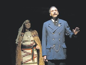 Quelemia Sparrow plays T.S. and Omar Alex Khan is William Hopkinson in the Stratford Festival production of The Komagata Maru Incident. (Cylla von Tiedemann/Stratford Festival)