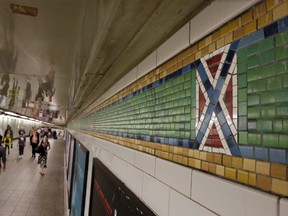 The mosaic tile design meant to represent Times Square's status as the "Crossroads of the World" is part of the subway station's border, in New York, Friday, Aug. 18, 2017. (AP Photo/Richard Drew)