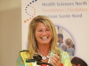 Denise Clark-Hooper, district vice-president of Northern Lights District for the Greater Ontario Region of the TD Bank Group, makes a point during a donation announcement at Health Sciences North in Sudbury, Ont. on Friday August 18, 2017. TD Bank Group donated $250,000 to Health Sciences North's Learners Centre. John Lappa/Sudbury Star/Postmedia Network
