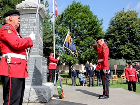 A wreath is presented at the Wallaceburg cenotaph on Saturday in honour of Lance Corp. Joseph A. Foster, who was killed in action during the raid in Dieppe, France 75 years ago. (Trevor Terfloth/The Daily News)