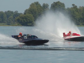 File shot of the Rideau Ferry Regatta from Aug. 17, 2013. The image shows Hydroplane boats racing along a fixed course on Lower Rideau Lake. (Pat McGrath/The Ottawa Citizen)