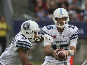 Toronto Argonauts quarterback Ricky Ray (15) during CFL action in Toronto, Ont. on Saturday August 19, 2017. The Toronto Argonauts host the Montreal Alouettes at BMO field in Toronto. (Veronica Henri/Toronto Sun/Postmedia Network)