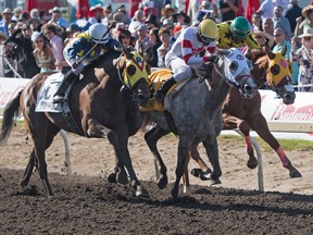 Rico Walcott on Chief Know It All managed to hold off challengers on both sides to win the 88th Running of the Canadian Derby at Northlands Park in Edmonton on Saturday Aug. 19, 2017.
