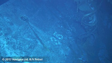 This undated image from a remotely operated underwater vehicle courtesy of Paul G. Allen, shows what appears to be the painted hull number "35" on the USS Indianapolis. (Courtesy of Paul G. Allen via AP)