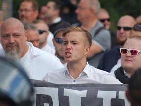 Participants at a far-right protest commemorating the 30th anniversary of the death of leading Nazi figure Rudolf Hess rally in Berlin, Germany, on Saturday, August 19, 2017. (Frank Jordans/AP Photo)