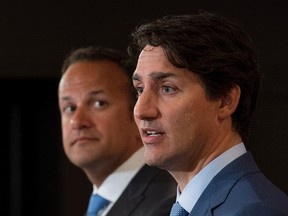 Prime Minister Justin Trudeau (right) speaks during a news conference with Irish Taoiseach Leo Varadkar in Montreal on Sunday, Aug. 20, 2017. (Graham Hughes/The Canadian Press)