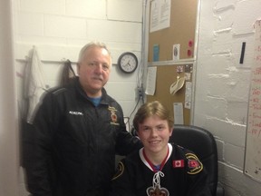 Rookie Aaron Jamieson, seated, is expected to crack the Sarnia Legionnaires lineup this winter. Shown with him is head coach Mark Davis.
(Submitted photo)