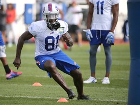 Anquan Boldin runs a drill at NFL football training camp in Pittsford, N.Y., Tuesday, Aug. 8, 2017. (Jaime Germano/Democrat & Chronicle via AP)