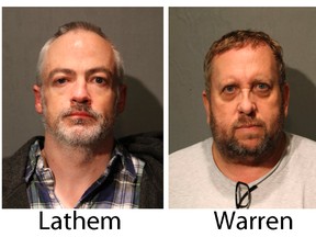 These booking photos provided by the Chicago Police Department show Wyndham Lathem, left, and Andrew Warren on Saturday, Aug. 19, 2017. (Chicago Police Department via AP)