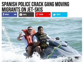 A screenshot of the Breitbart website shows and article titled “Spanish Police Crack Gang Moving Migrants on Jet-Skis” alongside a picture of German soccer star Lukas Podolski. (Screenshot)