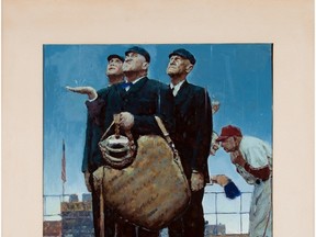This undated photo provided by Heritage Auctions shows a rendering by Norman Rockwell of one of his best known paintings. The rendering has sold at auction for $1.6 million. Heritage Auctions says the painting sold Sunday, Aug. 20, 2017, in Dallas to a buyer who wants to remain anonymous. The work was a study _ a preliminary work _ for Rockwell's "Tough Call." The painting features three umpires looking skyward pondering whether to call a game because of rain. The family that put it up for auction had thought they just had a print. (Heritage Auctions via AP)