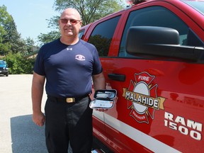Brent Smith, director of fire and emergency services for Malahide Township, shows off a naloxone kit. His department is the only fire service that carries the kits in St. Thomas-Elgin. (Laura Broadley/Times-Journal)