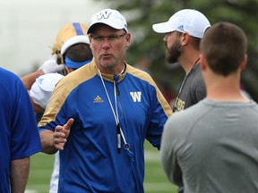 Offensive co-ordinator Paul LaPolice gives instruction during Winnipeg Blue Bombers training camp on the University of Manitoba campus in Winnipeg on Tues., June 13, 2017. Kevin King/Winnipeg Sun/Postmedia Network