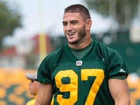 John Chick takes part in an Edmonton Eskimos' team practice at Commonwealth Stadium, Monday Aug. 21, 2017.