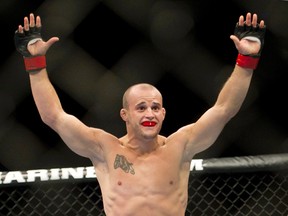 Mitch Gagnon reacts after defeating Walel Watson during the bantamweight bout at UFC 152 in Toronto in 2012.