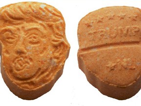 This undated picture provided by Polizeiinspektion Osnabrueck police shows an ecstasy pill in the shape of President Donald Trump’s head. (Police Osnabrueck via AP)