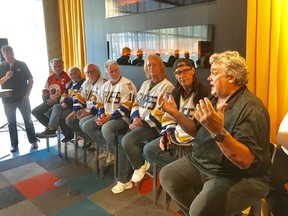 Speakers at the VIP function included (from right) former Winnipeg Jet Jimmy Mann, and Slap Shot stars Jeff Carlson, Dave Hanson, Jerry Houser, Allan F. Nicholls, Yvon Barette and Paul D'Amato, with Rick Ralph as moderator.